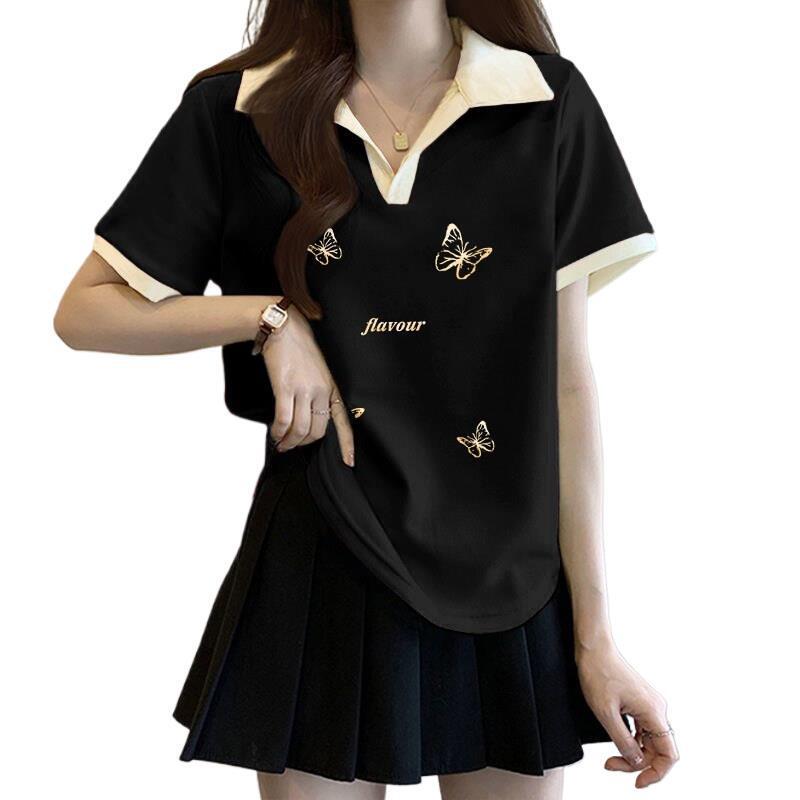 Jeanswest Black Polo Collar Short-Sleeve T-Shirt for Women, Summer 2325 New Design, Stylish Turn-Down Collar, Color-Blocking Loose Top X