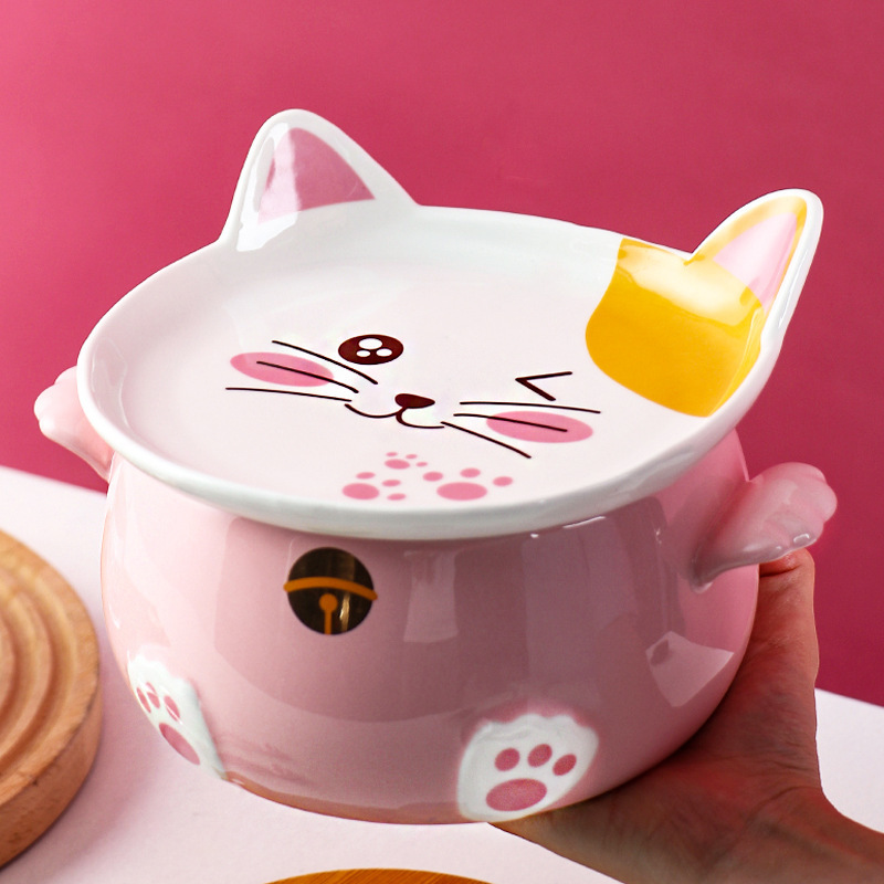 Instant Noodle Bowl Large Capacity Super Large Ceramic Student Dormitory Cute Cat Lunch Box Microwave Oven Binaural Large for Women