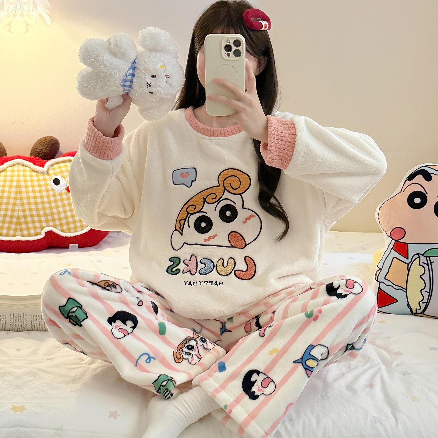 Ins New Flannel Pajamas for Women Autumn and Winter Fleece-Lined Warm and Sweet Cartoon Crayon Shin-Chan Long-Sleeved Pants Suit