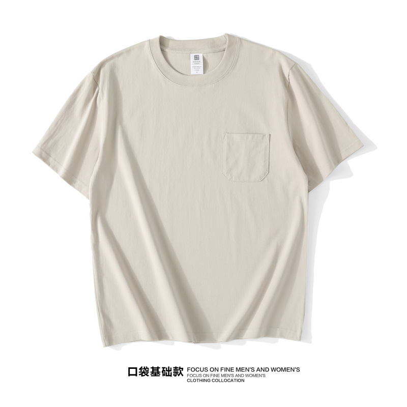 ダークダークグリーンピュアコットンベーシックTシャツトップスメンズ2025新作シンプル万能カラーパッチポケット半袖シャツ|undefined