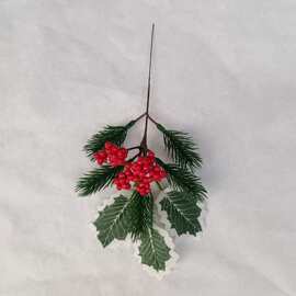 跨境圣诞装饰 仿真红果松枝 植物松果插枝 圣诞树装饰配件总长26
