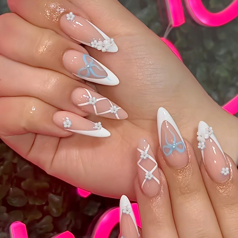 European and American Popular Wearable Nails with Bows, French Manicure, High-End Cross-Border Light Luxury Fake Nails, Wearable Nails