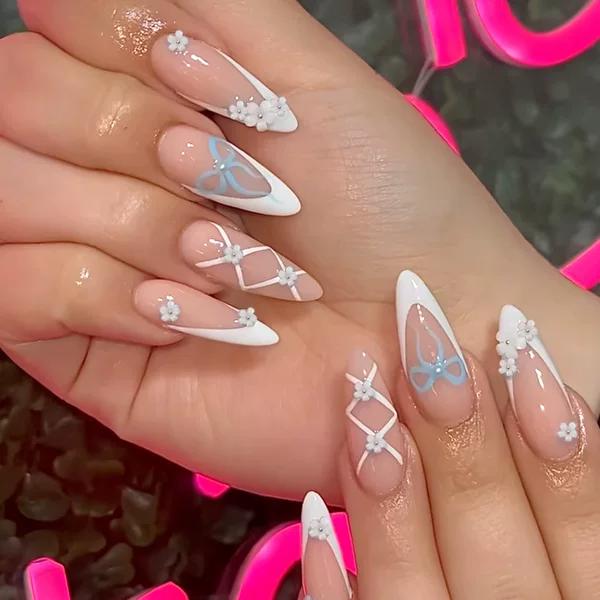 European and American Popular Wearable Nails with Bows, French Manicure, High-End Cross-Border Light Luxury Fake Nails, Wearable Nails