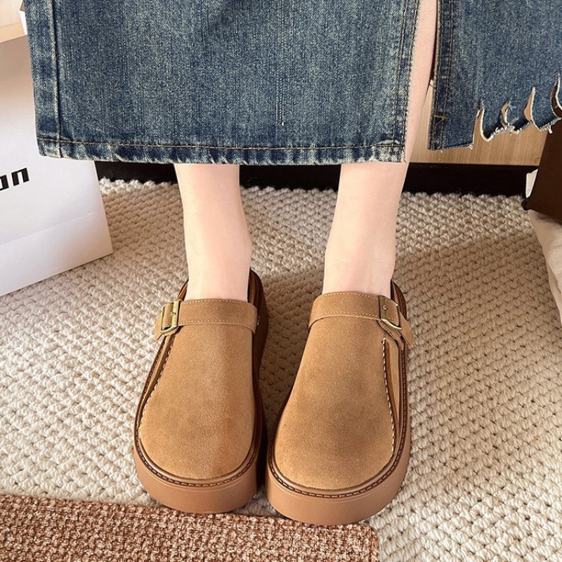 平底ラバーミッドヒール(3-5cm)トゥキャップカウスエード(ヌバックレザー)スリッパ|undefined