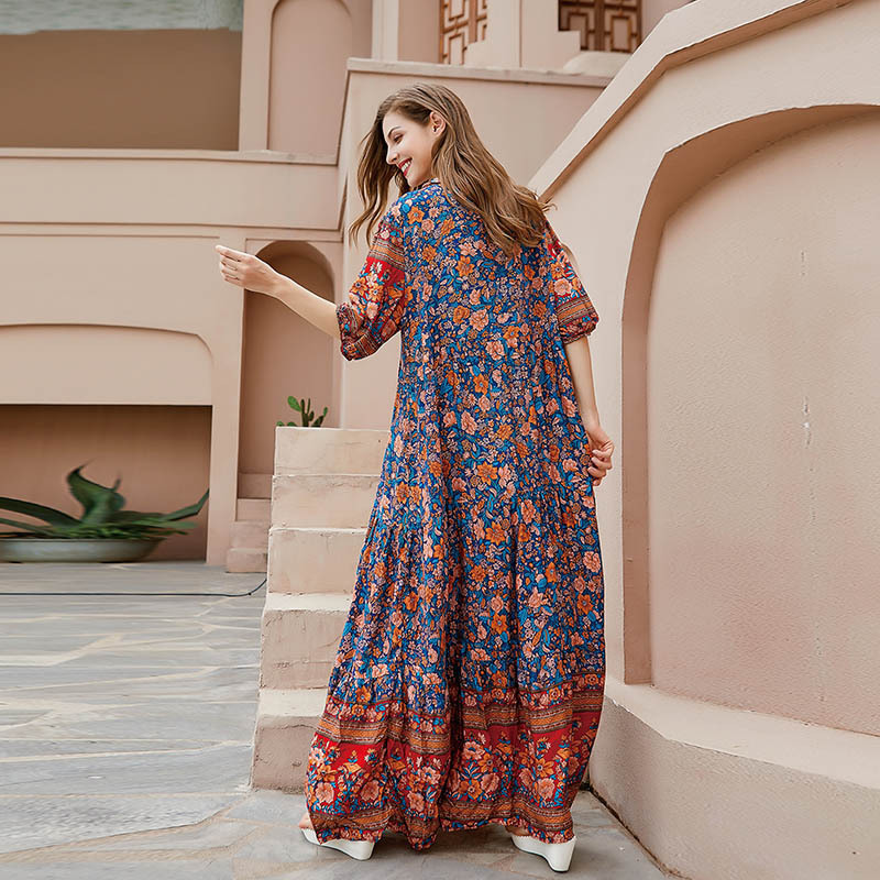 Grenzüberschreitendes, authentisches Plus-Size-Kleid aus dem Nahen Osten (Dubai), gefertigt aus Baumwolle und Seide mit Blumenmuster, locker geschnitten, kurzärmelig, für den Außenhandel_voghion.com