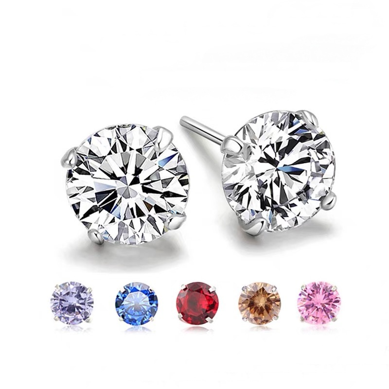 Basic S999 pure silver four-prong zirconia stud earrings, simple and versatile colorful sparkling diamond earrings, light luxury earrings