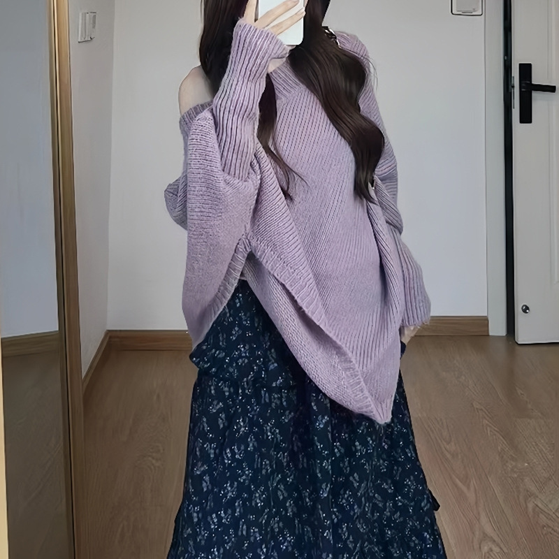 温柔风一整套早秋盐系轻熟斜肩毛衣针织衫碎花气质半身裙两件套潮|undefined