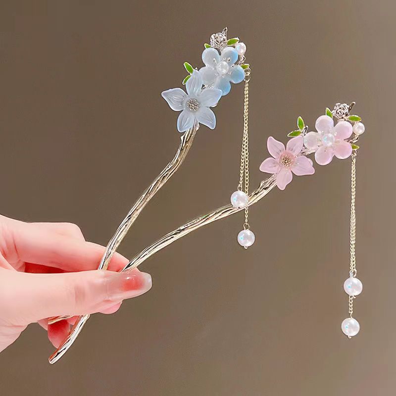 高級感古風桃花髮簪簡約現代盤發步搖簪子女旗袍漢服流蘇髮釵頭飾