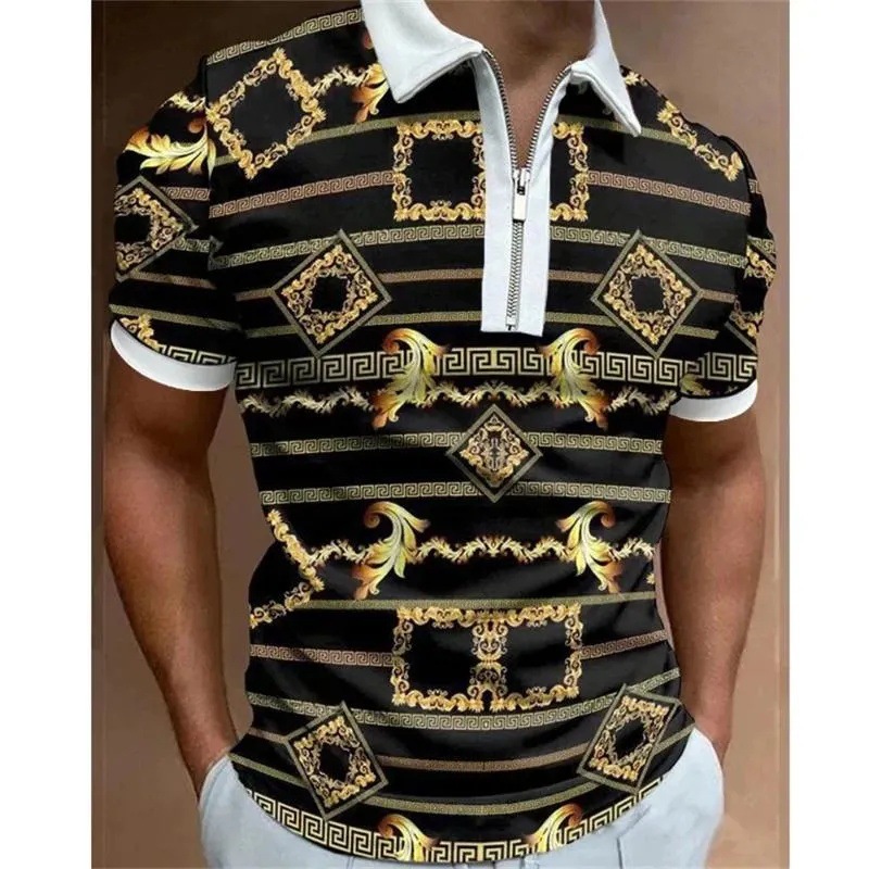 2024 venta caliente personalidad moda impresión 3D hombres verano calle suelta solapa manga corta cremallera camisa POLO