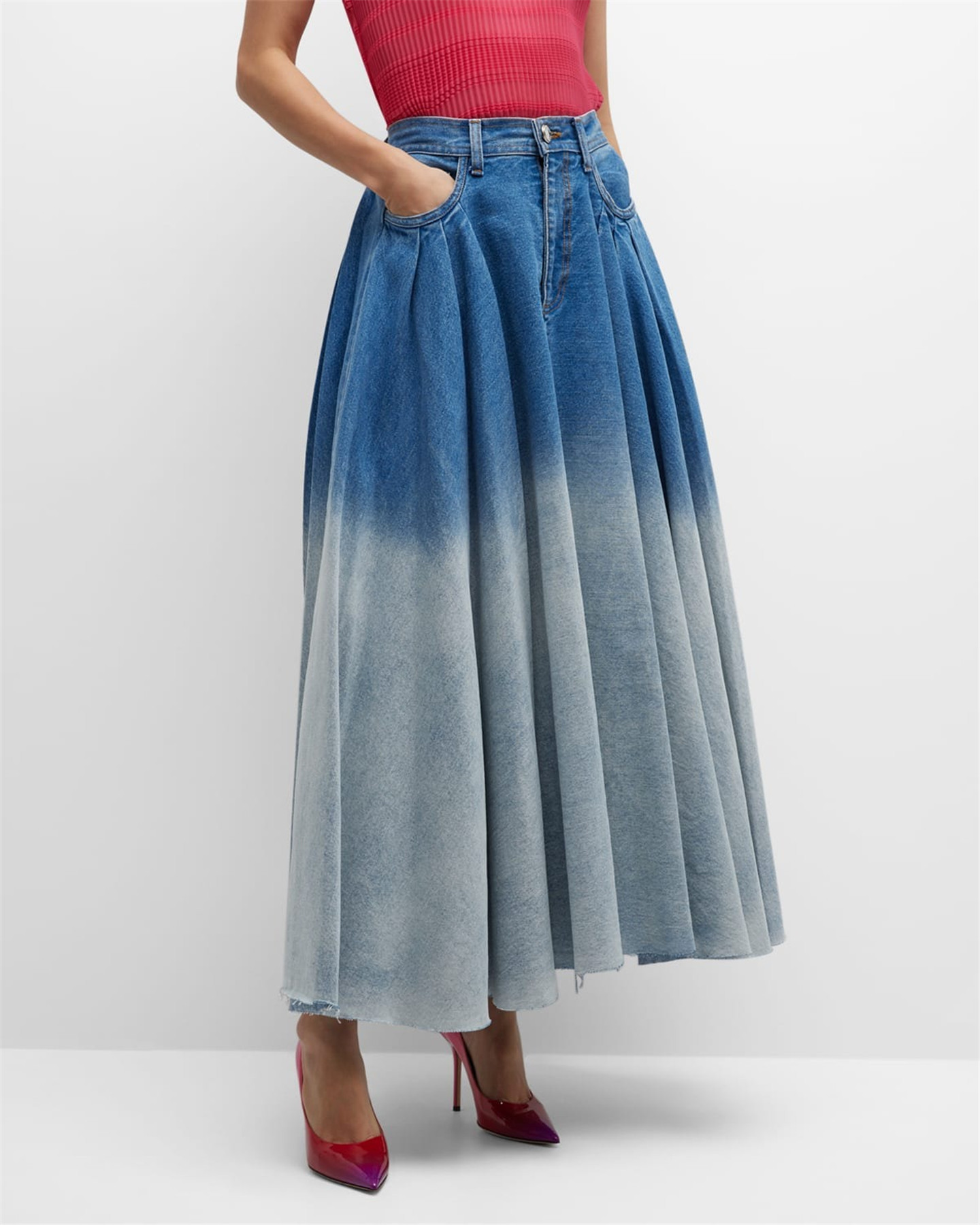 Dame high waist denim midi nederdel med bindebånd og gradient_voghion.com
