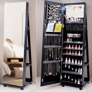 Solid Wood Rotating Floor-Standing Full-Body Smart Mirror Jewelry Storage Cabinet Bedroom Dressing and Makeup Mirror with Storage