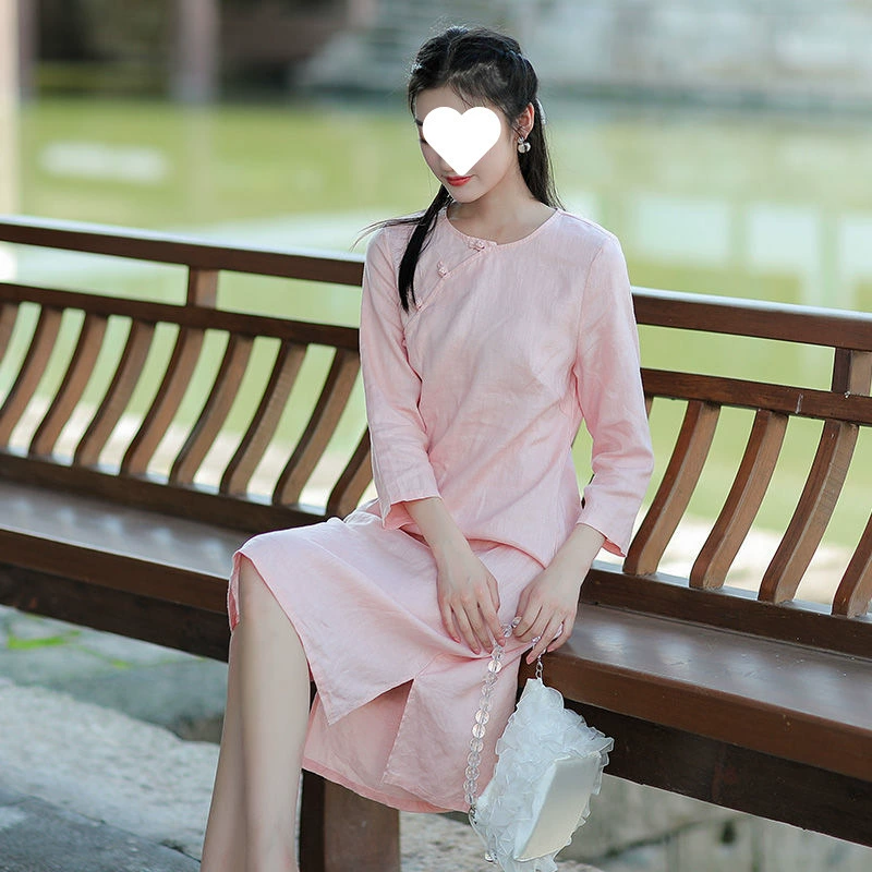 Новое улучшенное платье-чонсам в китайском стиле с круглым вырезом, традиционным китайским дизайном пуговиц, платье из чистого льна, повседневная элитная чайная одежда для женщин.