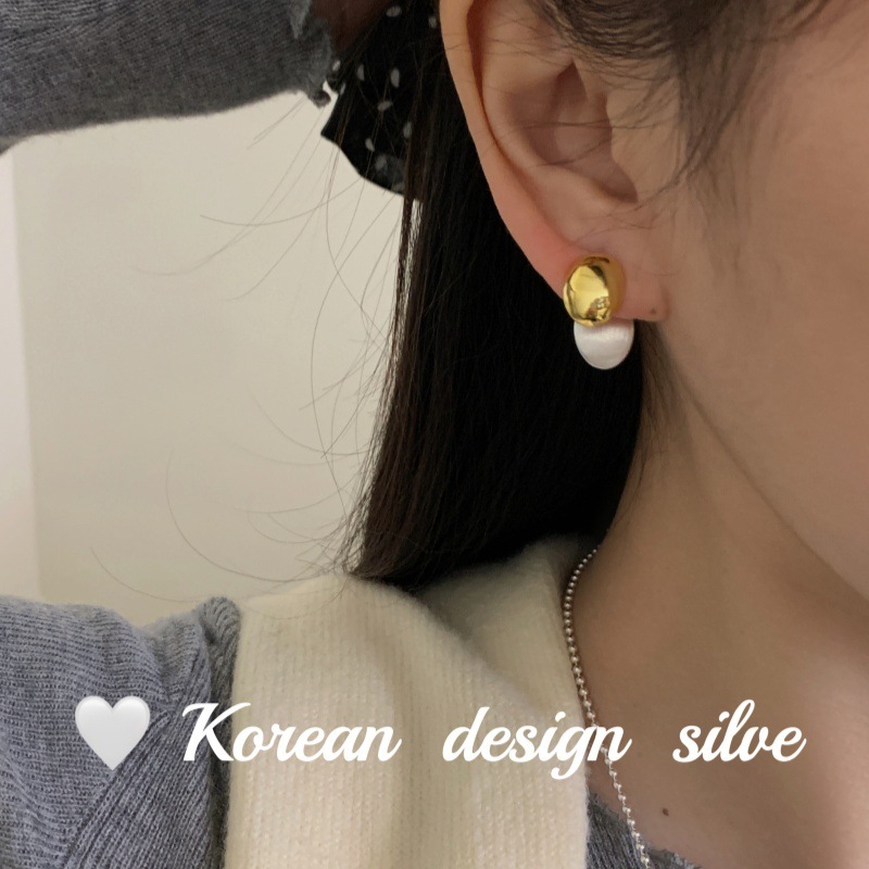 韓国インスタイルニッチイヤリング S925 スターリングシルバー二層ゴールデンオーバルブラッシュフロントとバックイヤリング女性用|undefined