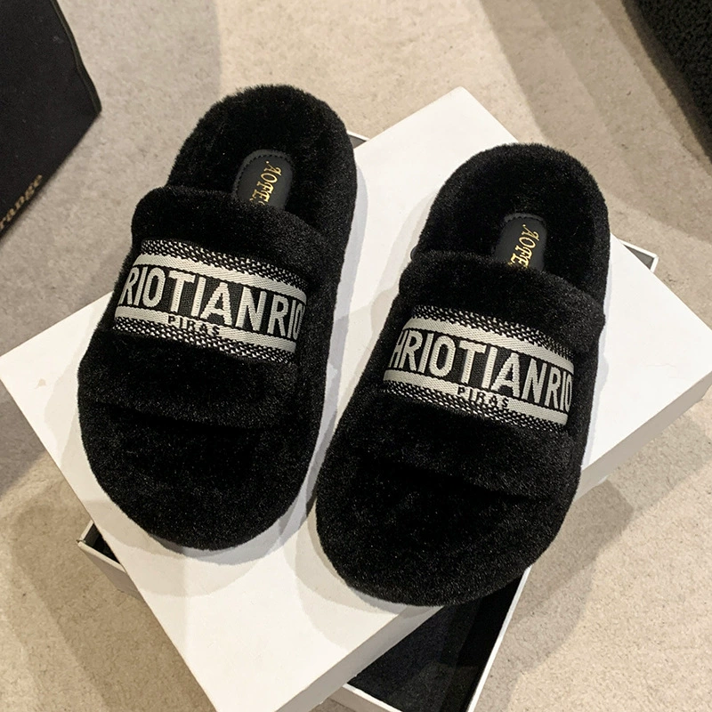 Тапочки Мао с толстой подошвой и буквами, женская верхняя одежда, 2023, осенне-зимние Новые повседневные модные Универсальные теплые плюшевые тапочки для женщин