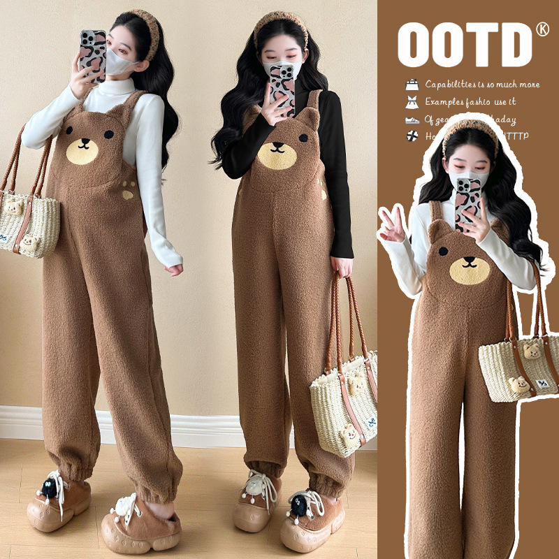Maternity 2024 Fall/Winter New suit fleece-lined Thickened Cute Bear Strap Pants Thickened Base Two-piece Set