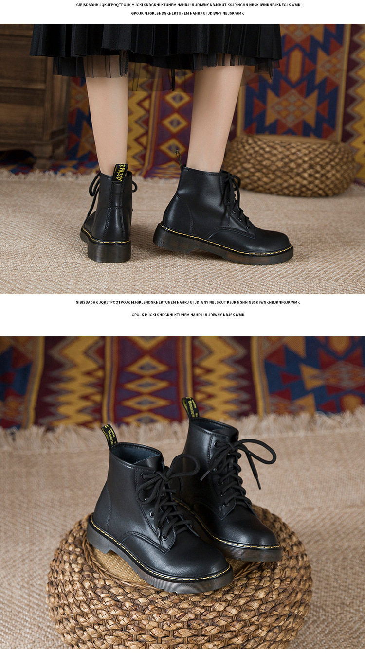 Bottes de moto courtes Martin noires en cuir véritable à lacets à huit et six trous de style britannique pour femmes_voghion.com