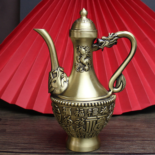 Brass dragon and phoenix wine pot home tabletop copper crafts ornaments pure copper double phoenix wine pot banquet wedding small copperware
