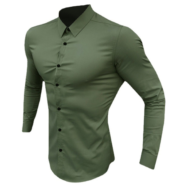 Músculo de los hombres de moda de deportes casual Camisa de manga larga de solapa micro elástico Delgado fitness cardigan negocio no planchar camisa