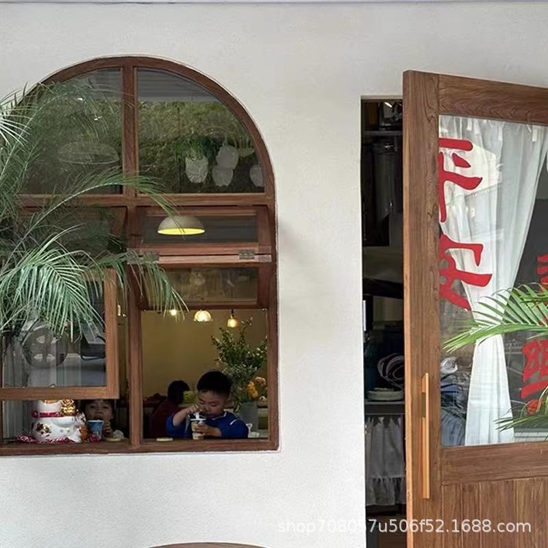 网红民宿装修门窗实木可折叠门窗翻窗复古门店铺大门榆木吧台窗