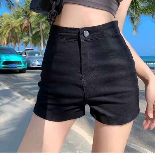 Denim shorts women's A-line tight summer high-waist slim ins hot girl style outer wear hip-covering straight elastic hot pants