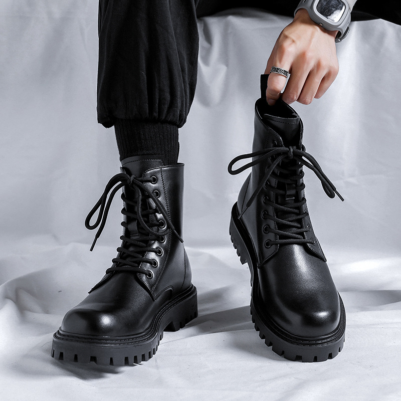 Men's British Style Leather Motorcycle Boots With Side Zip_voghion.com