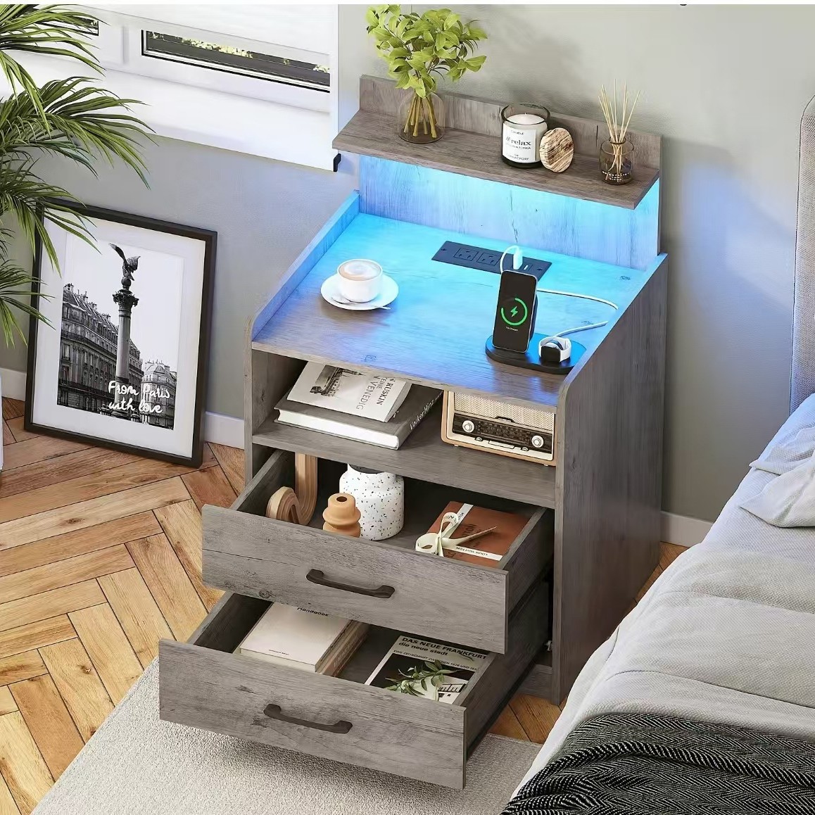 Cross-Border E-Commerce Foreign Trade Bedside Table, Bedside Table with Charging Station, Led Bedside Table with Drawer