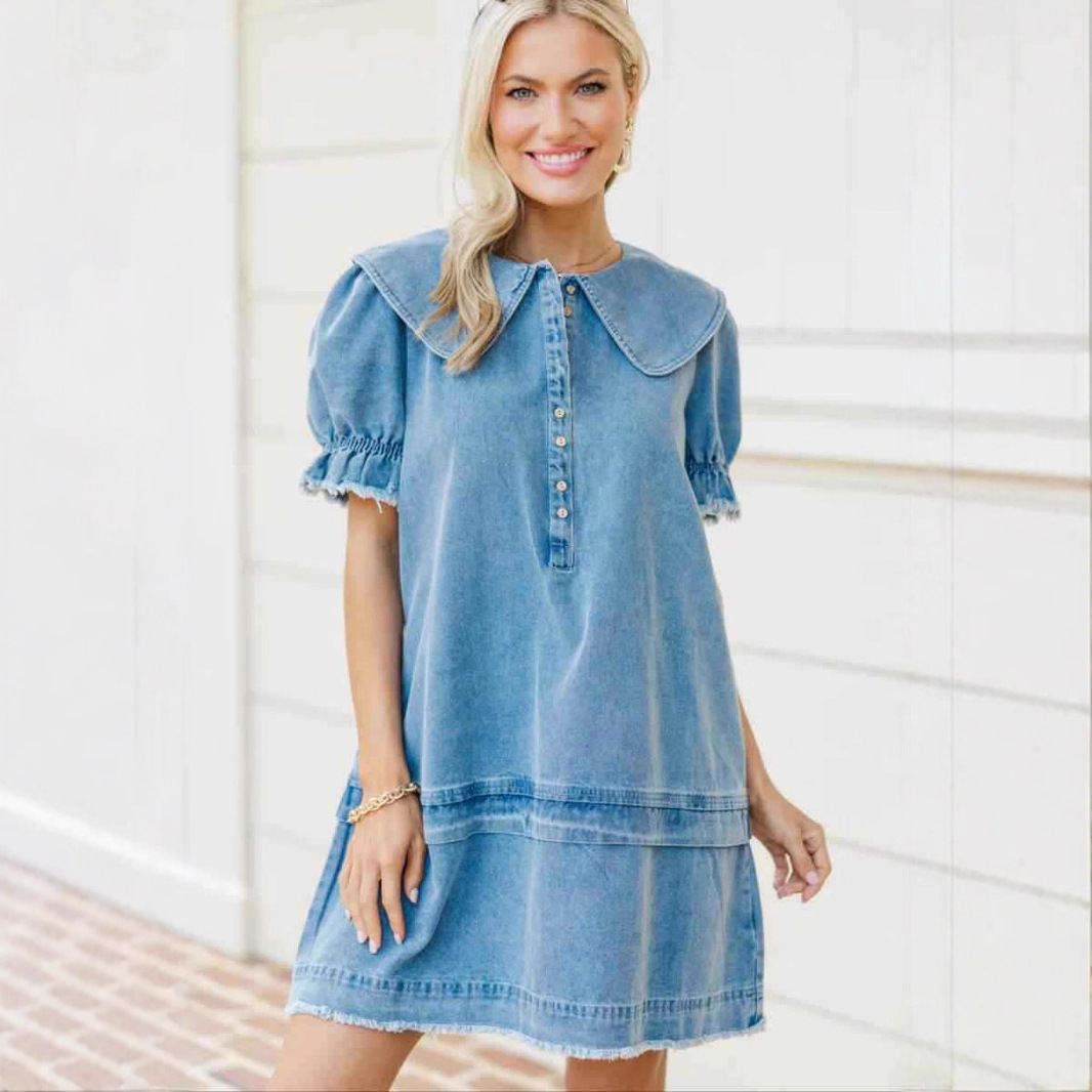 Women's Summer Denim Dress New Arrival Lapel Loose Ruffle Style_ecoleips.com