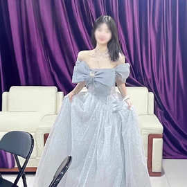 感一字肩晚礼服女气质轻奢小众主持人艺考成人礼蓬蓬纱裙