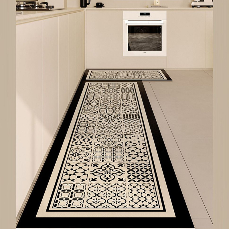 French retro tile series leather kitchen non-slip floor mat scrub washable oil-proof stain-resistant floor mat