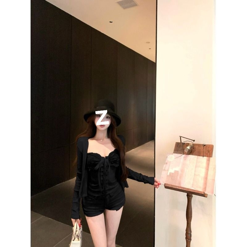 巧克少女纯欲风蝴蝶结蕾丝拼接吊带背心女夏季防晒长袖开衫单套装|undefined
