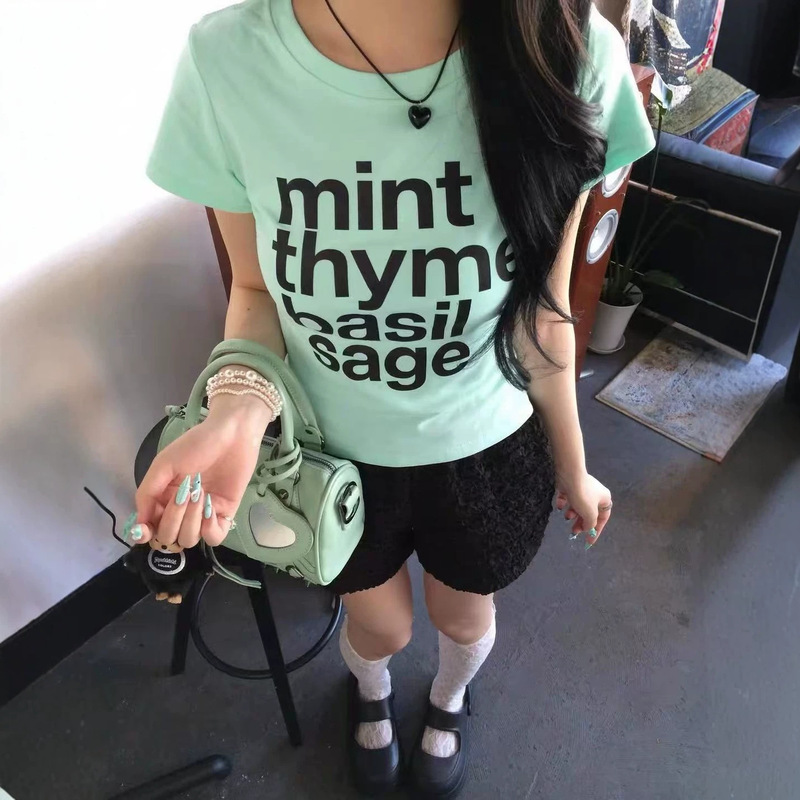 Korean-Style Summer Simple Mint Letter American Retro Round Neck Slimming Short-Sleeve T-Shirt Top for Women