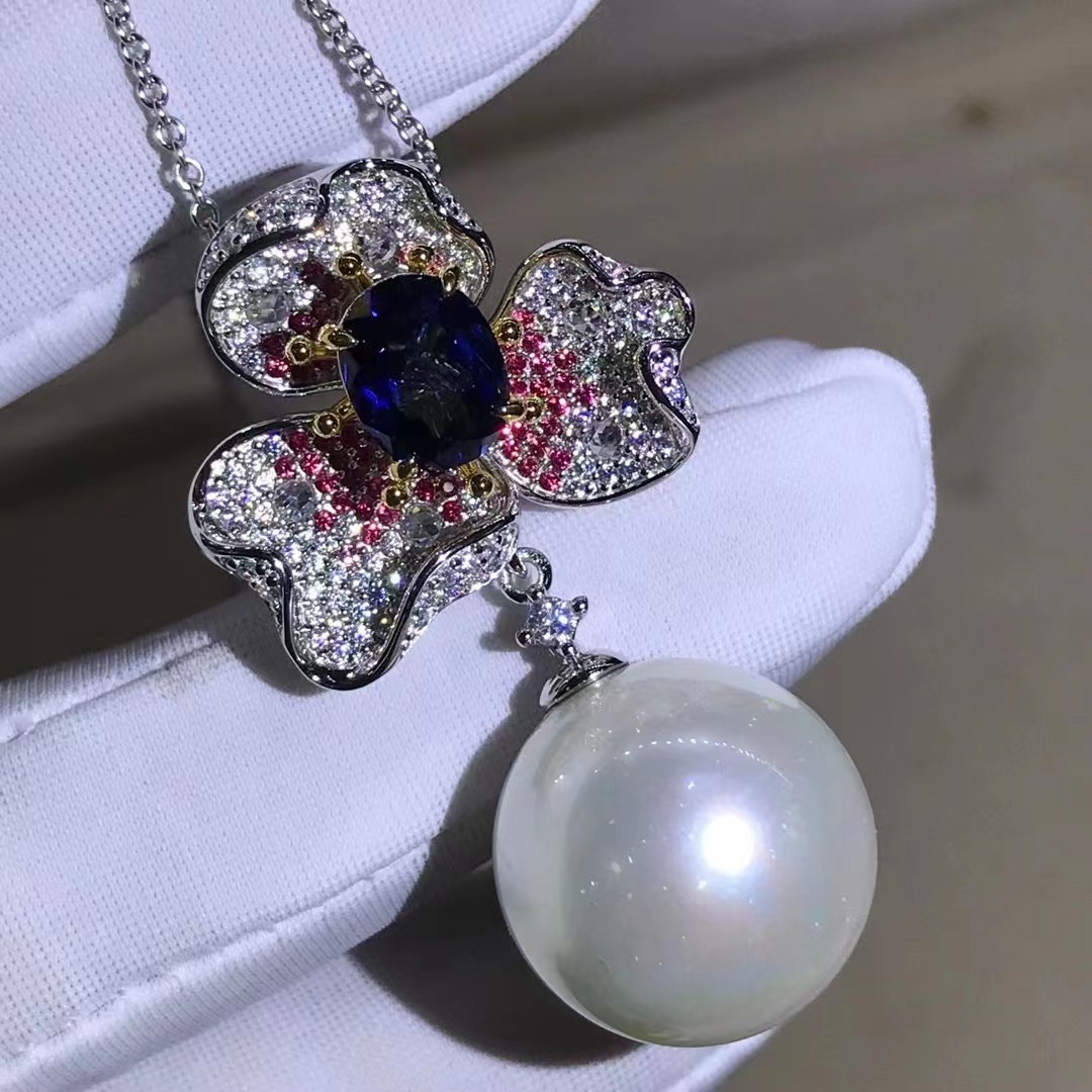 18mm Pei Zhu Macao colgante de zafiro de perla blanca S925 plateado con cinco capas gruesas de platino incrustadas con perlas