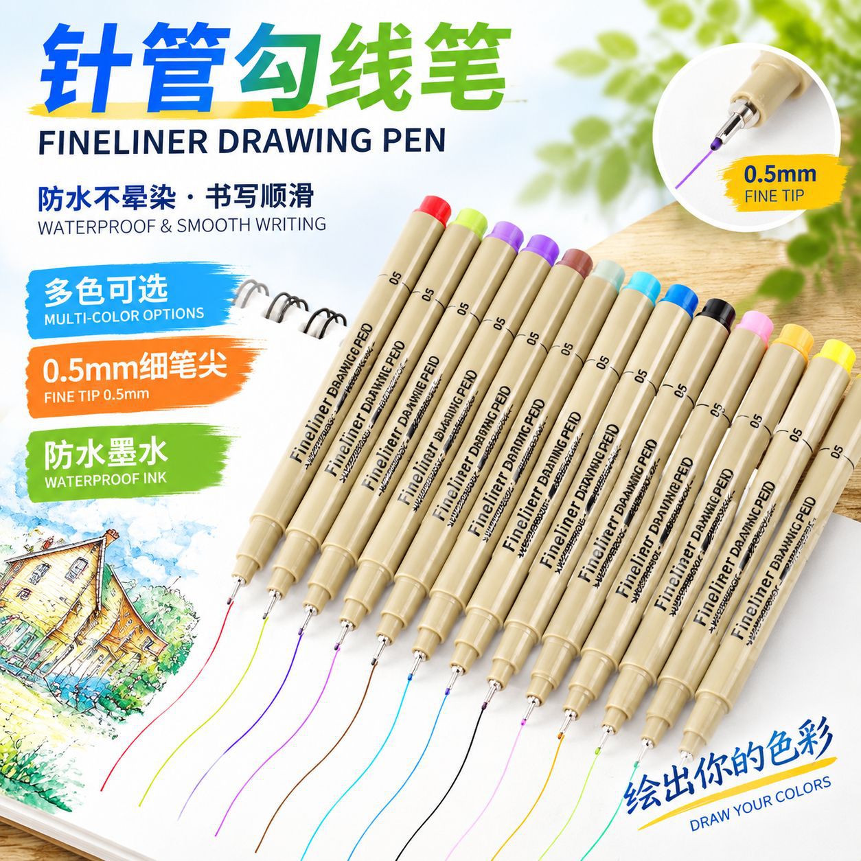 Colorful fine-tip pens, 0.5mm, water-based, waterproof, for students, for drawing and sketching, 12-color set