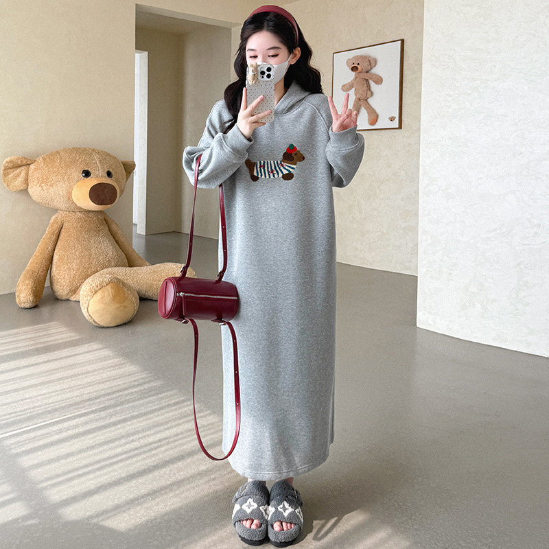 实拍现货~2025秋冬韩版时尚宽松印花卡通连帽加厚卫衣中长连衣裙|undefined