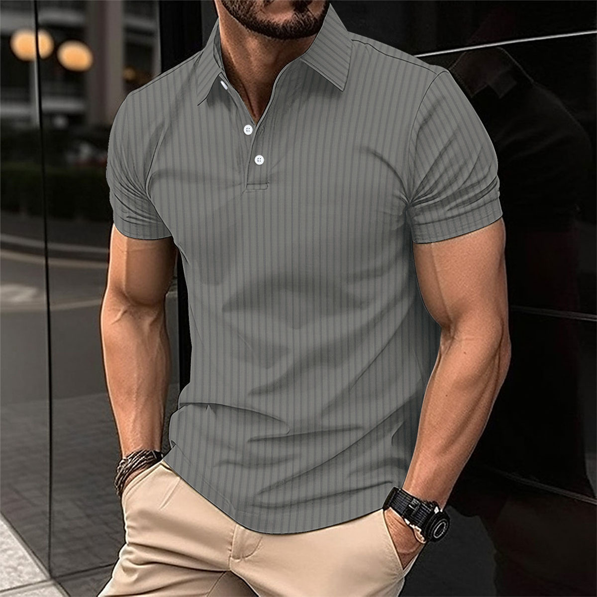 Men's Vertical Stripe Polo Shirt Lightweight Breathable Casual Top_voghion.com
