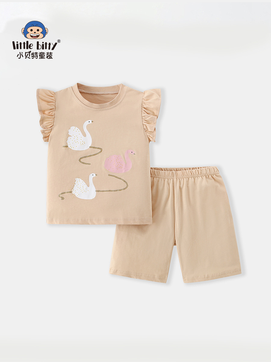 2025 Summer Girls Cartoon Short Sleeve Shorts suit Children's Cute Flying Sleeve Two-Piece Clothing