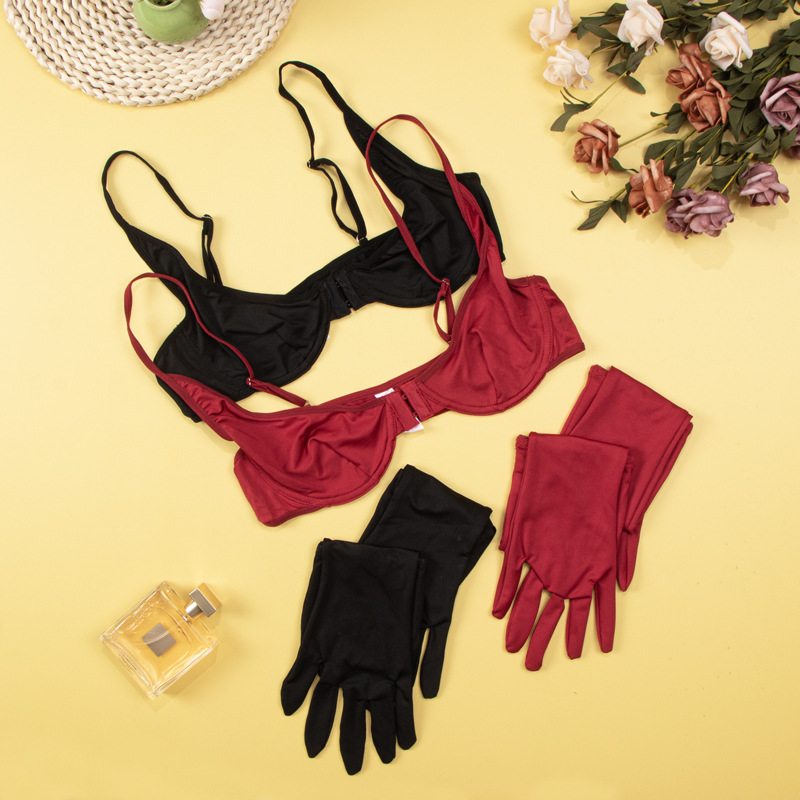 Transfronteriza Europa y América al por mayor sujetador conjunto de emoción delgada botón frontal ropa interior nylon lisa pura seda guantes de falda corta
