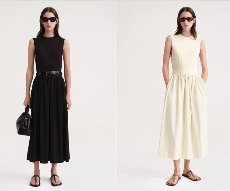 TOTeme Spring and Summer Cotton Threaded Round Neck Sleeveless T-shirt Pocket Dress Pleated Waist Slimming Commuter Women