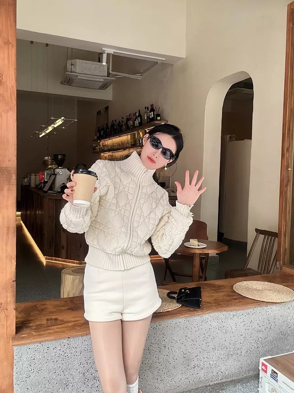 高定法式D经典菱形羊绒混纺拉链开衫针织外套女上衣|undefined