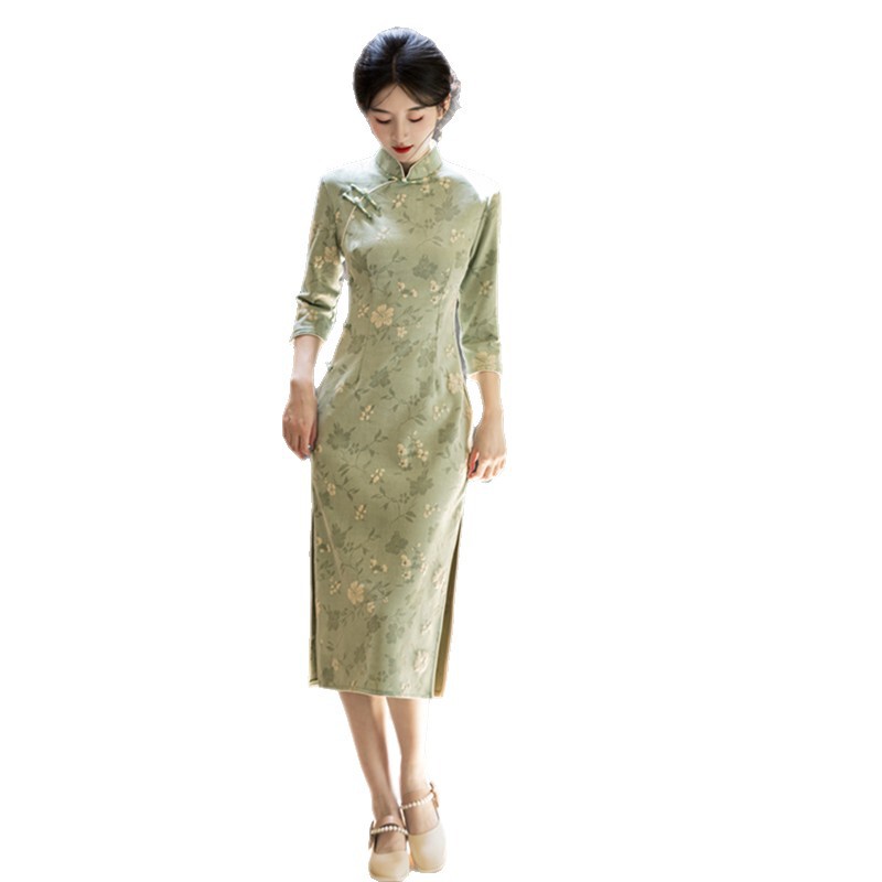 麂皮绒单层印花中长款中袖旗袍2025秋冬新款复古国风年轻女士旗袍|undefined