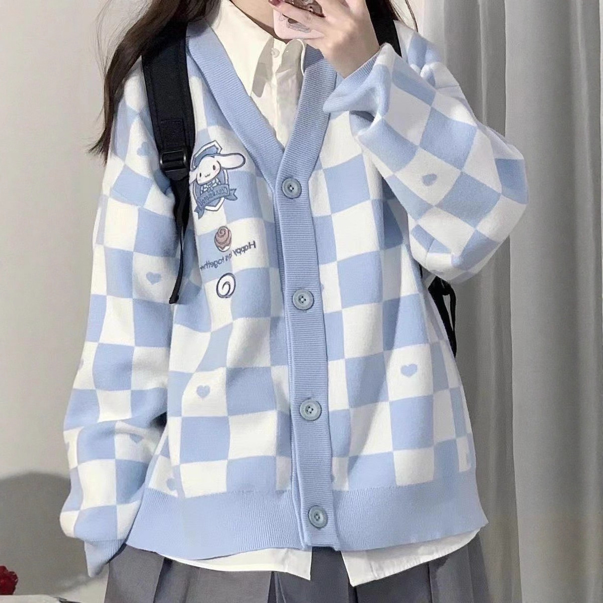 Jk Uniform Autumn and Winter Checkered Soft Loose Top with Unique Design Sweater Cardigan for Women Trendy