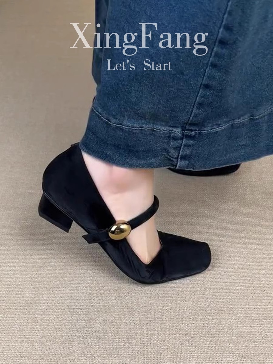 Piel de cordero súper suave ~ Zapatos individuales franceses, zapatos de ballet de tacón bajo con cabeza cuadrada para mujer, zapatos retro Mary Jane con hebilla
