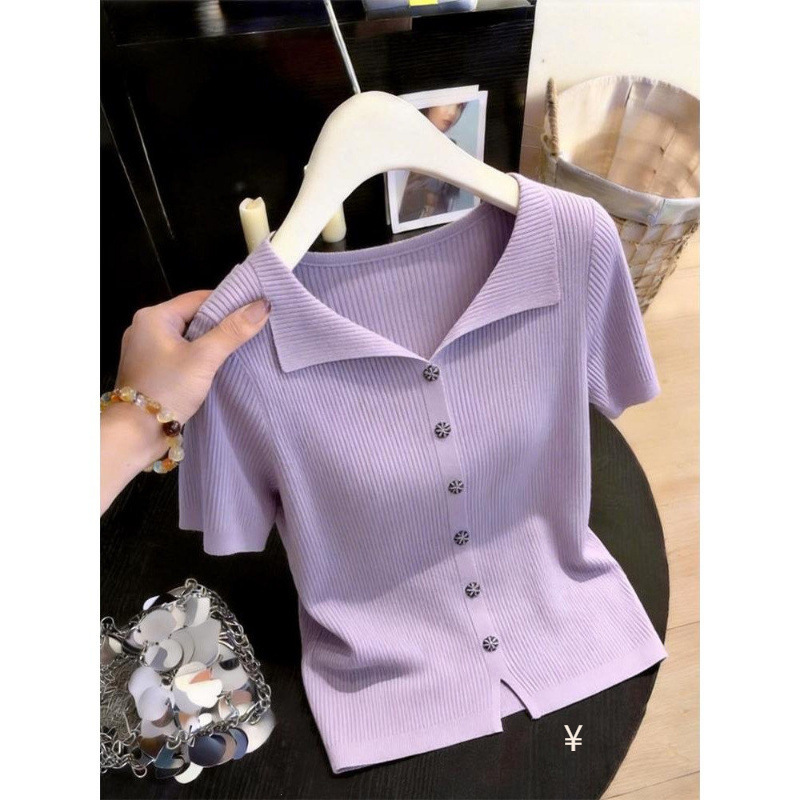 Korean-Style Light Luxury Purple Collared Short-Sleeve Knit T-Shirt, Summer Slim-Fit Short Top for Petite Figures, Gentle Style, Trendy