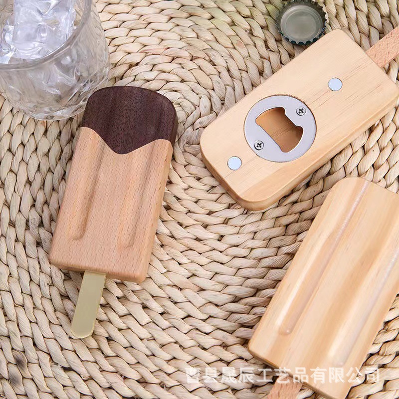 Creativo nuevo abridor de botellas de cerveza de madera forma de helado bebida abridor de botellas de vino de succión magnética etiqueta engomada del refrigerador