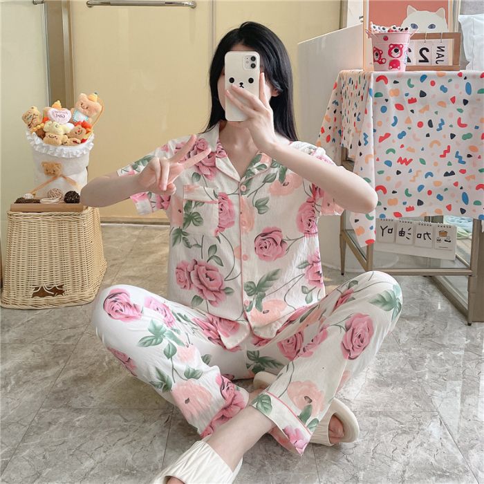 Pijamas transfronterizos al por mayor para mujer nube algodón otoño verano rebeca solapa pantalones de manga corta traje de servicio a domicilio simple y cómodo