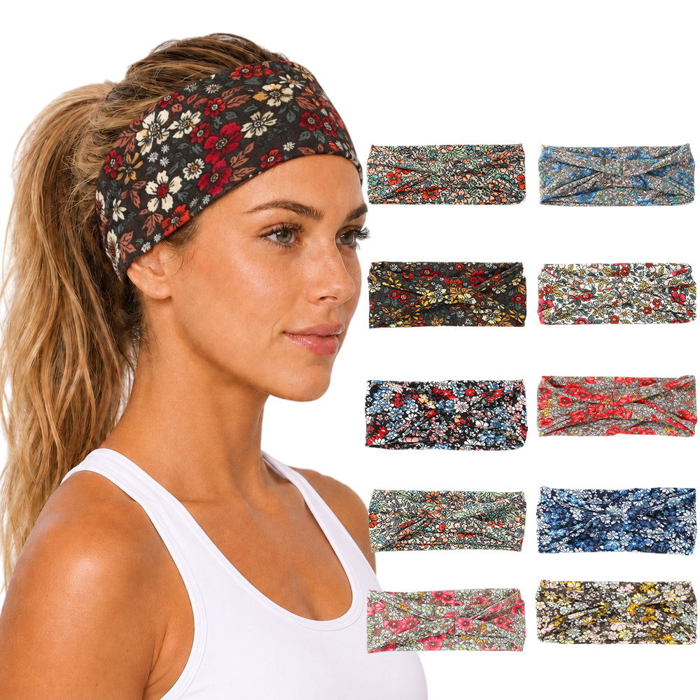 French-Style Small Floral Cross-Twist Headband, Elastic Wide-Brimmed Sports Sweat-Absorbing Headscarf, Girls' Face-Washing and Makeup Hairband