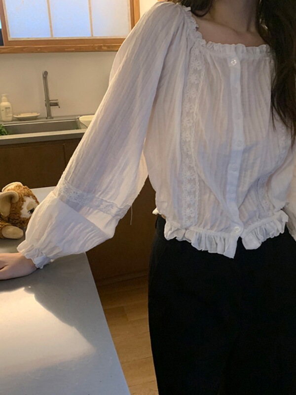 法式小众短款衬衣ins上衣女长袖减龄宽松皱褶娃娃衫早春外套衬衫|undefined