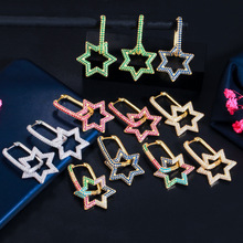 六角形幾何鎖扣女式耳環時尚創意星芒微鑲彩色鋯石流行耳飾品批發