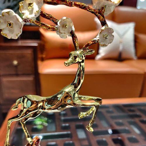 Marble Yellow Copper Plum Blossom Deer Ornament Living Room Entrance TV Bar Cabinet Luxury Home Decor Desk Soft Decoration
