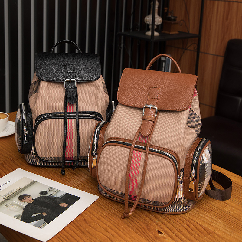 Plaid británico mochila femenina 2024 lona doble bolsillo viaje mochila bolsa cordón chica